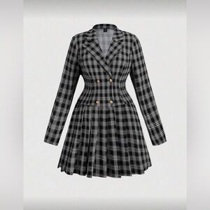 SHEIN Black and White Plaid Double-Breasted Fit & Flare Dress